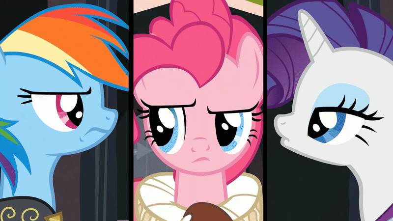 Size: 800x450 | Tagged: safe, screencap, character:pinkie pie, character:rainbow dash, character:rarity, species:earth pony, species:pegasus, species:pony, species:unicorn, episode:hearth's warming eve, g4, my little pony: friendship is magic, animated, argument, chancellor puddinghead, commander hurricane, female, gif, mare, princess platinum, speed lines, yelling