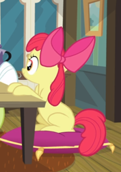 Size: 402x567 | Tagged: safe, screencap, character:apple bloom, species:earth pony, species:pony, episode:apple family reunion, g4, my little pony: friendship is magic, bow, cropped, female, filly, hair bow, offscreen character, pillow, sitting, smiling, solo, solo focus, table