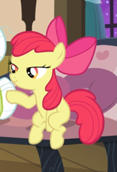 Size: 451x658 | Tagged: safe, screencap, character:apple bloom, species:earth pony, species:pony, episode:apple family reunion, g4, my little pony: friendship is magic, bow, cropped, female, filly, hair bow, lidded eyes, offscreen character, pointing, raised hoof, sitting, smiling, solo, solo focus