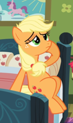 Size: 358x603 | Tagged: safe, screencap, character:applejack, species:earth pony, species:pony, episode:apple family reunion, g4, my little pony: friendship is magic, bed, cropped, female, hoof on head, mare, messy mane, raised hoof, sitting, solo, tired