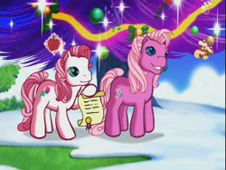 Size: 640x480 | Tagged: safe, screencap, character:desert rose, character:pinkie pie, episode:a very minty christmas, g3, christmas tree, scroll, tree