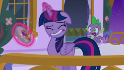 Size: 1920x1080 | Tagged: safe, screencap, character:spike, character:twilight sparkle, character:twilight sparkle (alicorn), species:alicorn, species:dragon, species:pony, episode:between dark and dawn, g4, my little pony: friendship is magic, amulet, balcony, floppy ears, jewelry, winged spike