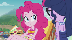 Size: 1920x1080 | Tagged: safe, screencap, character:feather bangs, character:pinkie pie, character:twilight sparkle, character:twilight sparkle (scitwi), species:eqg human, episode:friendship math, g4, my little pony:equestria girls, beach, beach babe, clothing, cute, diapinkes, duo, duo female, female, geode of sugar bombs, glasses, legs, lip bite, magazine, magical geodes, sleeveless, swimsuit