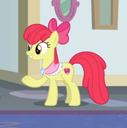 Size: 456x460 | Tagged: safe, screencap, character:apple bloom, species:earth pony, species:pony, episode:the last problem, g4, my little pony: friendship is magic, bow, cropped, female, goldie delicious' scarf, hair bow, mare, older, older apple bloom, raised hoof, smiling, solo, underhoof