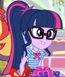 Size: 734x868 | Tagged: safe, screencap, character:twilight sparkle, character:twilight sparkle (scitwi), species:eqg human, equestria girls:holidays unwrapped, g4, my little pony:equestria girls, bow tie, canterlot mall, chair, clothing, collar, cropped, dashing through the mall, female, geode of telekinesis, gift box, gift giving, glasses, jewelry, magical geodes, mall, ponytail, present, shirt, short sleeves, sitting, skirt, smiling, table