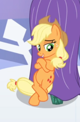 Size: 277x425 | Tagged: safe, screencap, character:applejack, species:earth pony, species:pony, episode:the crystal empire, g4, my little pony: friendship is magic, bipedal, bipedal leaning, cropped, crossed hooves, female, freckles, leaning, lidded eyes, mare, smiling, smug, solo