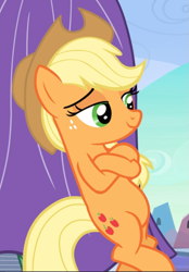 Size: 653x939 | Tagged: safe, screencap, character:applejack, species:earth pony, species:pony, episode:the crystal empire, g4, my little pony: friendship is magic, bipedal, bipedal leaning, cool, cropped, crossed hooves, female, freckles, leaning, lidded eyes, mare, smiling, smug, solo