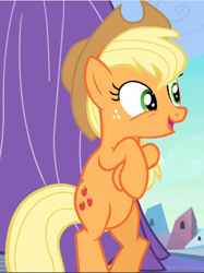 Size: 702x941 | Tagged: safe, screencap, character:applejack, species:earth pony, species:pony, episode:the crystal empire, g4, my little pony: friendship is magic, bipedal, cropped, crossed hooves, cute, female, freckles, jackabetes, mare, open mouth, solo