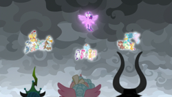 Size: 1920x1080 | Tagged: safe, screencap, character:applejack, character:cozy glow, character:flash magnus, character:fluttershy, character:gallus, character:lord tirek, character:meadowbrook, character:mistmane, character:pinkie pie, character:queen chrysalis, character:rainbow dash, character:rarity, character:rockhoof, character:sandbar, character:silverstream, character:smolder, character:somnambula, character:spike, character:star swirl the bearded, character:twilight sparkle, character:twilight sparkle (alicorn), character:yona, species:alicorn, species:centaur, species:changeling, species:classical hippogriff, species:dragon, species:earth pony, species:griffon, species:hippogriff, species:pegasus, species:pony, species:unicorn, species:yak, episode:the ending of the end, g4, my little pony: friendship is magic, alicornified, changeling queen, cozycorn, dragoness, female, floating, glow, mane six, pillars of equestria, race swap, ultimate chrysalis, winged spike