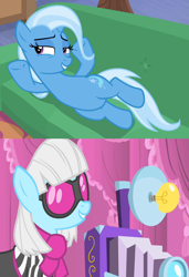 Size: 1280x1872 | Tagged: safe, screencap, character:photo finish, character:trixie, derpibooru, episode:green isn't your color, episode:on the road to friendship, g4, my little pony: friendship is magic, camera, juxtaposition, meta