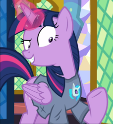 Size: 854x938 | Tagged: safe, screencap, character:dj pon-3, character:twilight sparkle, character:twilight sparkle (alicorn), character:vinyl scratch, species:alicorn, species:pony, episode:a trivial pursuit, g4, my little pony: friendship is magic, clothing, crazy grin, cropped, female, folded wings, glowing horn, grin, horn, magic, mare, obsession, obsession is magic, pajamas, raised eyebrow, raised hoof, shirt, shrunken pupils, smiling, solo, t-shirt, twilight's castle, twilighting, underhoof, wings