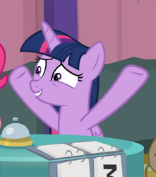 Size: 633x715 | Tagged: safe, screencap, character:twilight sparkle, character:twilight sparkle (alicorn), species:alicorn, species:pony, episode:a trivial pursuit, g4, my little pony: friendship is magic, cropped, hooves in air, nervous, smiling, solo