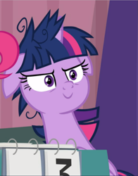 Size: 737x939 | Tagged: safe, screencap, character:twilight sparkle, character:twilight sparkle (alicorn), species:alicorn, species:pony, episode:a trivial pursuit, g4, my little pony: friendship is magic, cropped, evil grin, floppy ears, grin, messy mane, smiling, solo, twilight snapple
