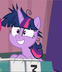 Size: 806x940 | Tagged: safe, screencap, character:twilight sparkle, character:twilight sparkle (alicorn), species:alicorn, species:pony, episode:a trivial pursuit, g4, my little pony: friendship is magic, cropped, faec, messy mane, sitting, smiling, solo, twilight snapple