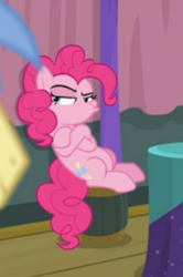 Size: 232x349 | Tagged: safe, screencap, character:pinkie pie, species:earth pony, species:pony, episode:a trivial pursuit, g4, my little pony: friendship is magic, cropped, crossed hooves, cute, cutie mark, displeased, faec, female, leaning back, mare, narrowed eyes, offscreen character, pinkie pie is not amused, pouting, raised eyebrow, sitting, solo focus, trivia trot, unamused