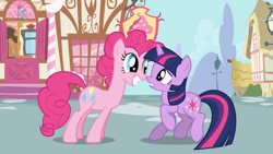 Size: 2880x1620 | Tagged: safe, screencap, character:pinkie pie, character:twilight sparkle, character:twilight sparkle (unicorn), species:earth pony, species:pony, species:unicorn, episode:the ticket master, g4, my little pony: friendship is magic, duo, female, grin, mare, nose to nose, nose wrinkle, raised hoof, smiling, worried