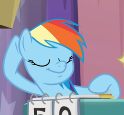 Size: 786x734 | Tagged: safe, screencap, character:rainbow dash, species:pegasus, species:pony, episode:a trivial pursuit, g4, my little pony: friendship is magic, cropped, eyes closed, faec, female, listening, mare, raised hoof, sitting, smiling, smirk, smug, smugdash, solo