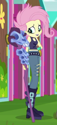 Size: 282x619 | Tagged: safe, screencap, character:fluttershy, episode:the road less scheduled, g4, my little pony:equestria girls, clothing, cropped, flutterpunk, midriff, sleeveless, solo, tank top