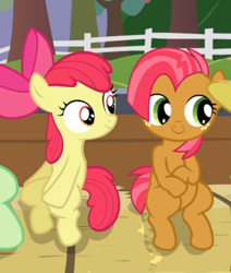 Size: 530x626 | Tagged: safe, screencap, character:apple bloom, character:babs seed, species:earth pony, species:pony, episode:apple family reunion, g4, my little pony: friendship is magic, adorababs, adorabloom, bow, cousins, cropped, cute, duo, female, filly, hair bow, hay bale, sitting, smiling