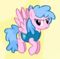 Size: 255x249 | Tagged: safe, screencap, species:pegasus, species:pony, episode:winter wrap up, g4, my little pony: friendship is magic, background pony, candy floss (character), clothing, cropped, female, flying, frown, looking sideways, mare, picture for breezies, solo, vest, weather team, winter wrap up vest