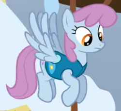 Size: 538x495 | Tagged: safe, screencap, species:pegasus, species:pony, episode:winter wrap up, g4, my little pony: friendship is magic, background pony, clothing, cloud showers, cropped, female, flying, mare, solo, unbrella drops, weather team, winter wrap up vest