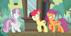 Size: 1212x620 | Tagged: safe, screencap, character:apple bloom, character:scootaloo, character:sweetie belle, species:earth pony, species:pegasus, species:pony, species:unicorn, episode:growing up is hard to do, g4, my little pony: friendship is magic, bow, cropped, cutie mark crusaders, female, hair bow, mare, older, older apple bloom, older cmc, older scootaloo, older sweetie belle, raised hoof, raised leg, scared, shrunken pupils, teeth, trio, underhoof
