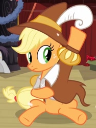 Size: 794x1058 | Tagged: safe, screencap, character:applejack, species:pony, episode:hearth's warming eve, g4, my little pony: friendship is magic, backstage, canterlot, clothing, cropped, cute, dressing, feather, feathered hat, hat, jackabetes, outfit, smart cookie, stage
