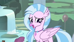 Size: 1920x1080 | Tagged: safe, screencap, character:silverstream, species:classical hippogriff, species:hippogriff, episode:student counsel, cute, diastreamies, female, fountain, jewelry, looking sideways, necklace, open mouth, pearl necklace, quadrupedal, smiling, solo, teenager