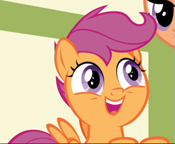 Size: 955x783 | Tagged: safe, screencap, character:scootaloo, species:pegasus, species:pony, episode:the last crusade, g4, my little pony: friendship is magic, cropped, cute, cutealoo, female, filly, offscreen character, open mouth, smiling, solo, wide eyes