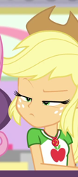 Size: 338x760 | Tagged: safe, screencap, character:applejack, character:fluttershy, equestria girls:holidays unwrapped, g4, my little pony:equestria girls, applejack is not amused, cropped, dashing through the mall, solo, unamused