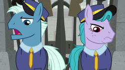 Size: 1920x1080 | Tagged: safe, screencap, species:earth pony, species:pony, episode:the last laugh, g4, my little pony: friendship is magic, clothing, female, freckles, hat, male, mare, necktie, security guard, stallion