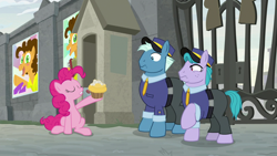Size: 1920x1080 | Tagged: safe, screencap, character:cheese sandwich, character:pinkie pie, species:earth pony, species:pony, episode:the last laugh, g4, my little pony: friendship is magic, female, male, mare, security guard, stallion