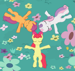 Size: 771x738 | Tagged: safe, screencap, character:apple bloom, character:scootaloo, character:sweetie belle, species:earth pony, species:pegasus, species:pony, species:unicorn, episode:growing up is hard to do, g4, my little pony: friendship is magic, cropped, cutie mark crusaders, eyes closed, flower, lying down, meadow, older, older apple bloom, older cmc, older scootaloo, older sweetie belle, on back, smiling, trio