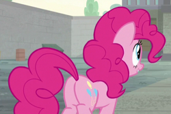 Size: 438x293 | Tagged: safe, screencap, character:pinkie pie, species:earth pony, species:pony, episode:the last laugh, g4, my little pony: friendship is magic, balloonbutt, butt, cropped, female, mare, plot, smiling, solo