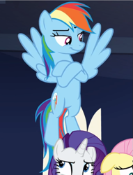 Size: 511x668 | Tagged: safe, screencap, character:fluttershy, character:rainbow dash, character:rarity, species:pegasus, species:pony, species:unicorn, episode:the beginning of the end, g4, my little pony: friendship is magic, cropped, crossed hooves, female, flying, lidded eyes, mare, smug, smugdash, solo focus, spread wings, wings
