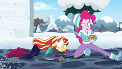 Size: 1280x720 | Tagged: safe, screencap, character:pinkie pie, character:sunset shimmer, equestria girls:holidays unwrapped, g4, my little pony:equestria girls, boots, clothing, duo, duo female, female, key, keychain, ramekin, saving pinkie's pie, shoes, snow, snow fort, snowball fight, souffle, winter outfit