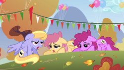 Size: 2880x1620 | Tagged: safe, screencap, character:cloud kicker, character:dizzy twister, character:orange swirl, species:pegasus, species:pony, episode:fall weather friends, g4, my little pony: friendship is magic, background pony, balloon, female, juicy fruit, leaves, lidded eyes, mare, panting, prone, tired, tree, trio