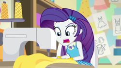 Size: 1920x1080 | Tagged: safe, screencap, character:rarity, equestria girls:holidays unwrapped, g4, my little pony:equestria girls, bracelet, canterlot high, fabric, female, geode of shielding, jewelry, magical geodes, marshmelodrama, o come all ye squashful, open mouth, patterns, rarity being rarity, sewing, sewing machine, solo, yarn