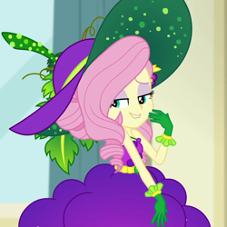 Size: 1080x1080 | Tagged: safe, screencap, character:fluttershy, equestria girls:holidays unwrapped, g4, my little pony:equestria girls, bare shoulders, cornucopia costumes, cropped, female, lip bite, o come all ye squashful, sleeveless, smiling, solo