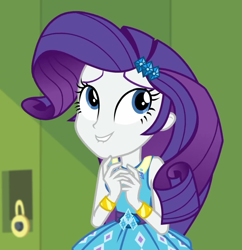 Size: 1046x1080 | Tagged: safe, screencap, character:rarity, equestria girls:holidays unwrapped, g4, my little pony:equestria girls, beautiful, bracelet, canterlot high, cropped, cute, hallway, jewelry, lip bite, lockers, o come all ye squashful, raribetes, smiling, solo