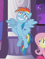 Size: 334x435 | Tagged: safe, screencap, character:fluttershy, character:pinkie pie, character:rainbow dash, species:pegasus, species:pony, cropped, derp, female, flying, mare, rainbow dash is best facemaker, smiling, worried