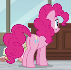 Size: 488x480 | Tagged: safe, screencap, character:pinkie pie, species:earth pony, species:pony, episode:the last laugh, g4, my little pony: friendship is magic, balloonbutt, butt, cropped, female, mare, plot, solo