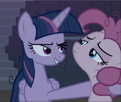 Size: 1117x940 | Tagged: safe, screencap, character:mean pinkie pie, character:mean twilight sparkle, episode:the mean 6, g4, my little pony: friendship is magic, clone, cropped, duo, hoof around neck, lidded eyes, looking at each other, narrowed eyes, smiling