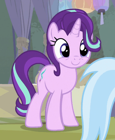 Size: 386x470 | Tagged: safe, screencap, character:starlight glimmer, character:trixie, species:pony, species:unicorn, episode:student counsel, animated, blinking, cropped, cute, gif, glimmerbetes, raised hoof, smiling, solo, solo focus