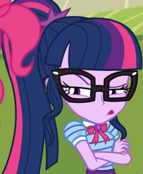 Size: 885x1080 | Tagged: safe, screencap, character:pinkie pie, character:twilight sparkle, character:twilight sparkle (scitwi), species:eqg human, equestria girls:holidays unwrapped, g4, my little pony:equestria girls, bow tie, canterlot high, clothing, collar, cropped, crossed arms, cute, female, frown, geode of telekinesis, glasses, high school, jewelry, lidded eyes, lockers, magical geodes, o come all ye squashful, ponytail, shirt, short sleeves, skirt