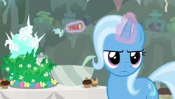 Size: 1920x1080 | Tagged: safe, screencap, character:trixie, species:pony, episode:student counsel, equinox cake, magic, solo, unamused