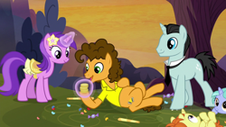 Size: 1920x1080 | Tagged: safe, screencap, character:amethyst star, character:bruce mane, character:cheese sandwich, character:sparkler, species:earth pony, species:pony, species:unicorn, episode:the last laugh, g4, my little pony: friendship is magic, background pony, bits, clothing, female, filly, flower, flower in hair, glowing horn, horn, indian summer, lilac ice, magic, magic aura, male, mare, necktie, on back, race swap, saddle, skirt, stallion, tack, unicornified