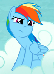 Size: 450x620 | Tagged: safe, screencap, character:rainbow dash, species:pegasus, species:pony, episode:tanks for the memories, g4, my little pony: friendship is magic, cloud, cropped, frown, head tilt, rainbow dash is best facemaker, solo
