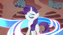 Size: 2880x1620 | Tagged: safe, screencap, character:rarity, species:pony, species:unicorn, episode:sonic rainboom, g4, my little pony: friendship is magic, eyes closed, female, golden oaks library, magic, mare