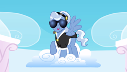 Size: 2880x1620 | Tagged: safe, screencap, species:pegasus, species:pony, episode:sonic rainboom, g4, my little pony: friendship is magic, clothing, cloud, looking at you, madden, male, stallion, standing on a cloud, sunglasses